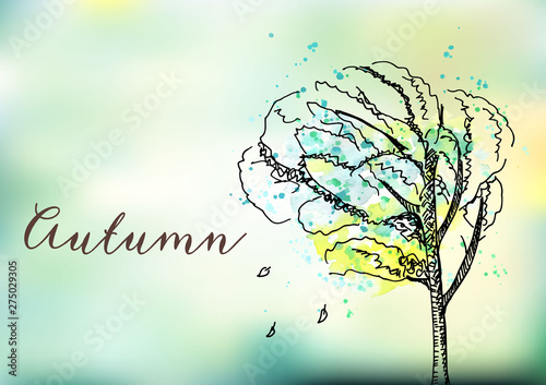 A vector watercolor autumn illustration with a moody autumnal tree on an abstract blurred teal blue background, with a place for text