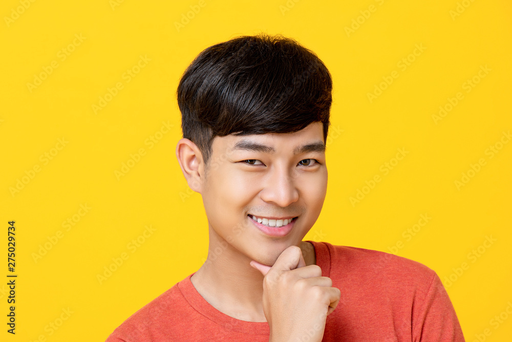 Handsome young Asian man smiling with hand on chin Handsome young Asian man smiling with hand on chin