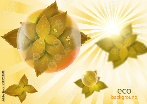 Abstract illustration on the theme of ecology. Bright leaves through the prism of a drop of water on the background of the rays of the sun.