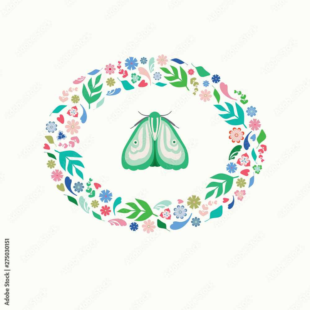Pretty illustration of a green moth with floral and leaf wreath surround. A spring or summer vector design ideal for card or spot graphic projects.