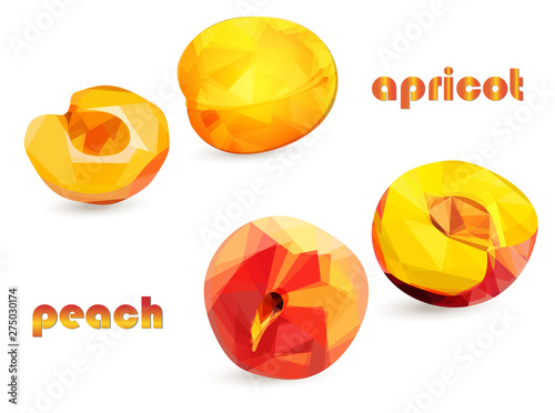 Peach and apricot fruits with halves in low poly style on a white background, isolated objects.