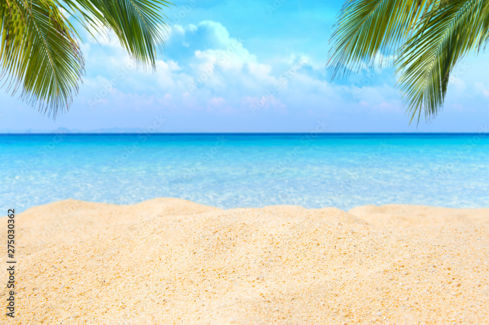 Sea view tropical beach with sunny sky,background in summer.For product display.Calm Sea and Blue Sky.