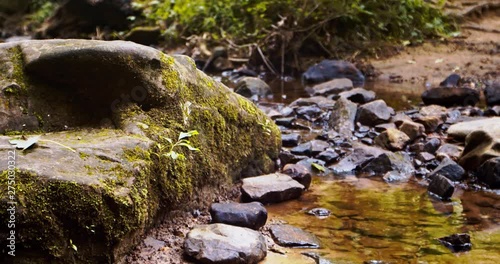 Moss covered rock next to babbling stream. 4k 24 fps raw video. photo