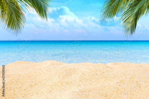 Sea view tropical beach with sunny sky,background in summer.For product display.Calm Sea and Blue Sky.