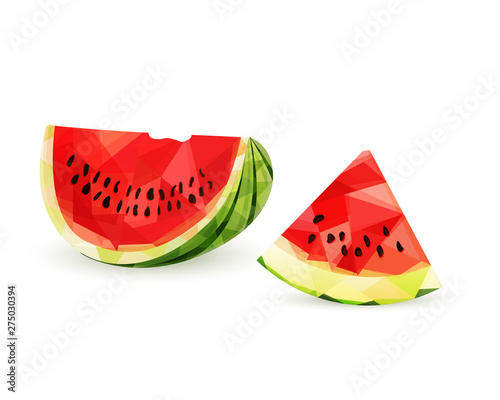 Half and piece of juicy watermelon in low poly style, isolated on white background