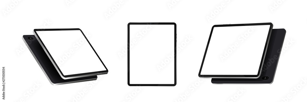 Tablets at various angles. Realistic black tablet vector template isolated on white background in different point of view. Device with touch screen display. 3D gadgets, isometry, perspective. Vector - obrazy, fototapety, plakaty 