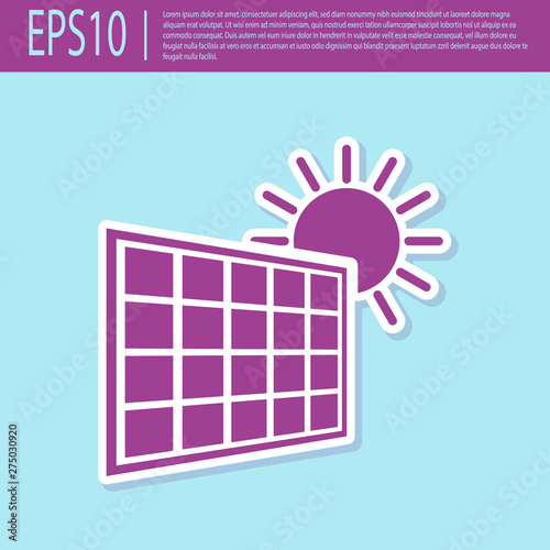 Retro purple Solar energy panel and sun icon isolated on turquoise background. Vector Illustration