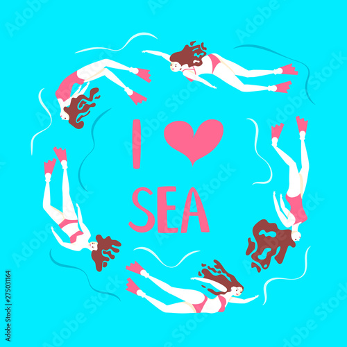Print with Beautiful girls swimming sea