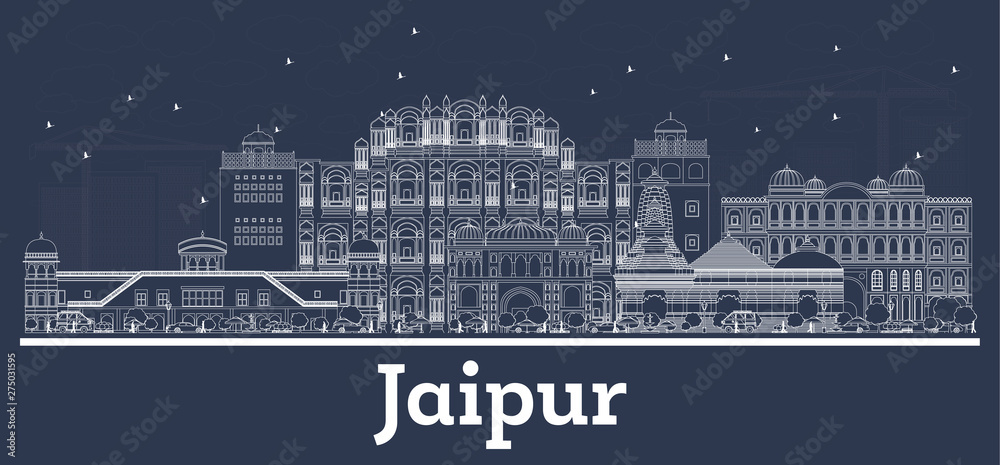 Outline Jaipur India City Skyline with White Buildings.
