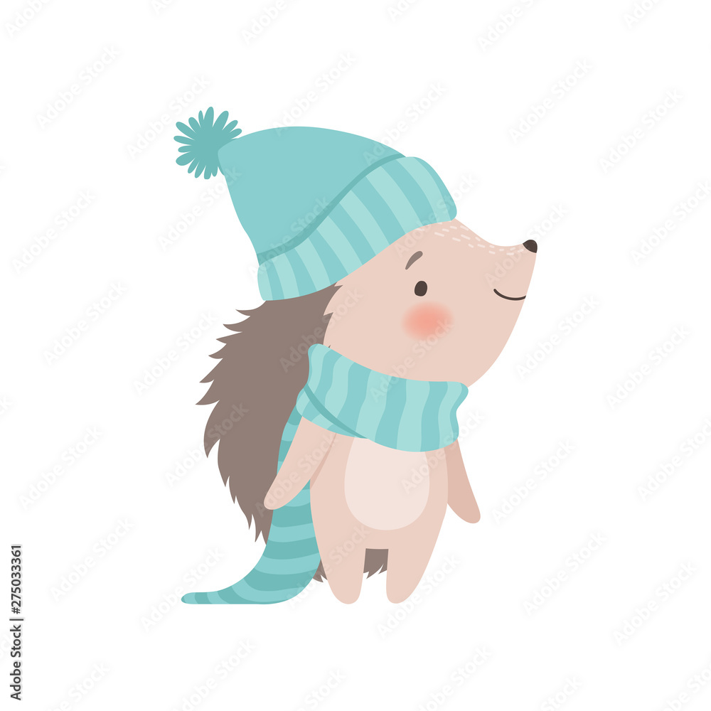 Cute Hedgehog Wearing Light Blue Knitted Hat and Scarf, Adorable Prickly Animal Cartoon Character Vector Illustration