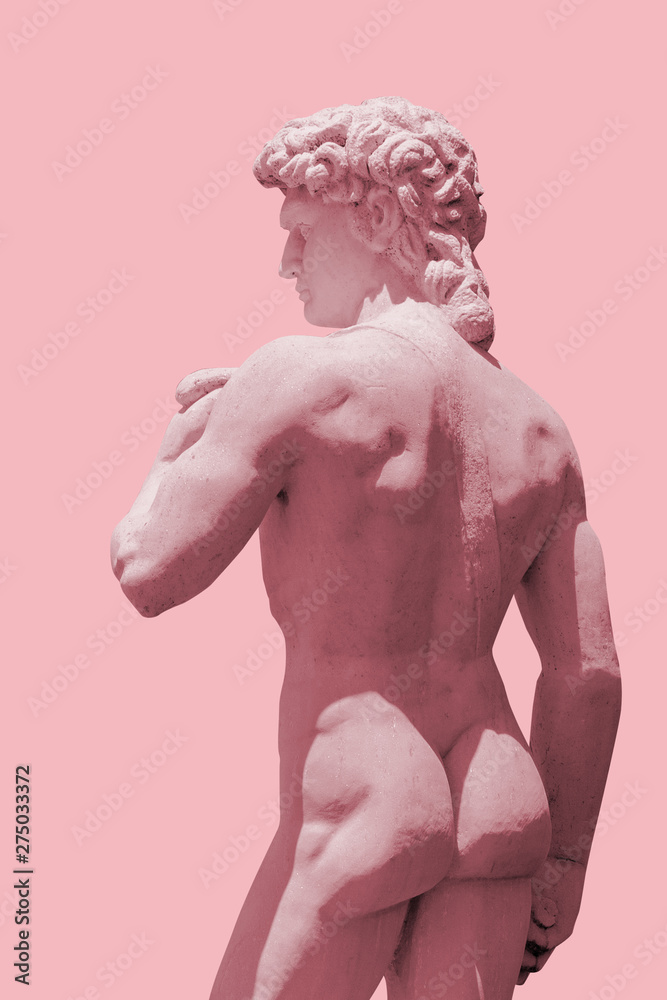 Naklejka premium Pink background, David sculpture, Michelangelo 1501—1504