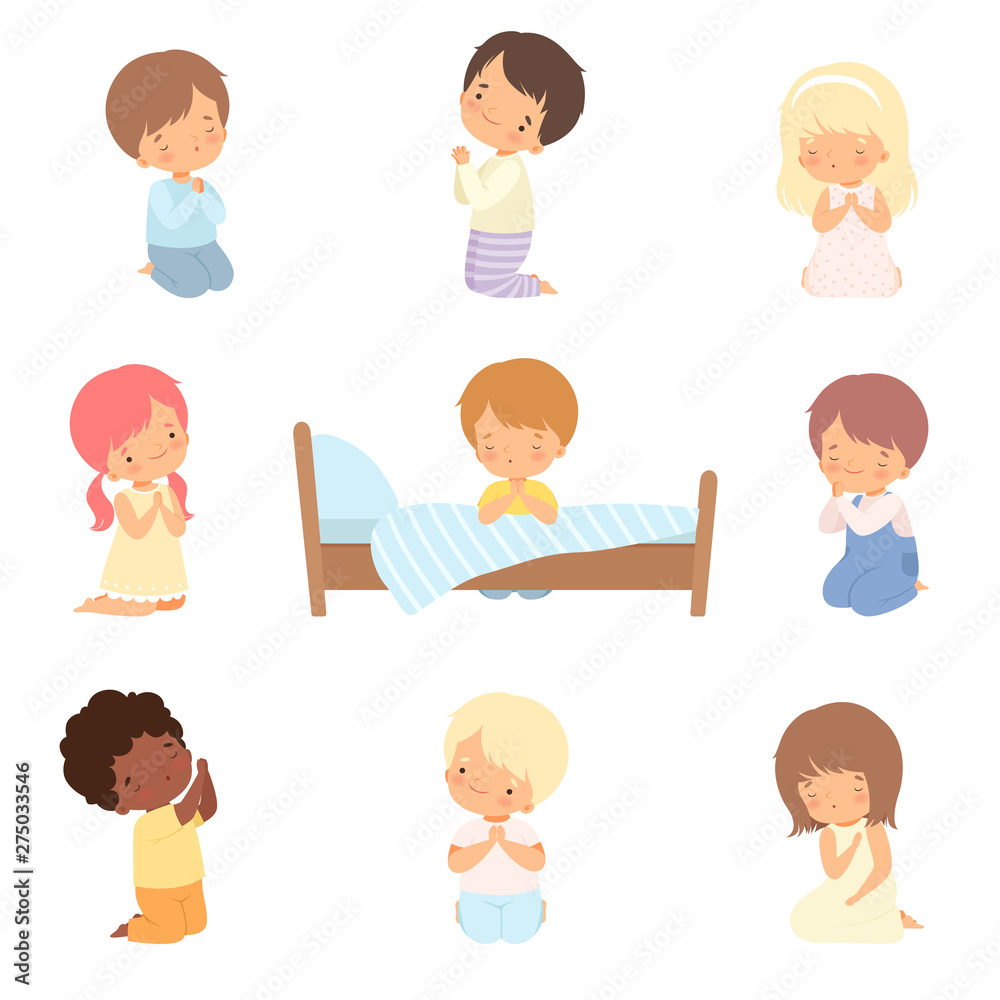 Collection of Cute Little Children Characters Kneeling and Praying Cartoon Vector Illustration Collection of Cute Little Children Characters Kneeling and Praying Cartoon Vector Illustration