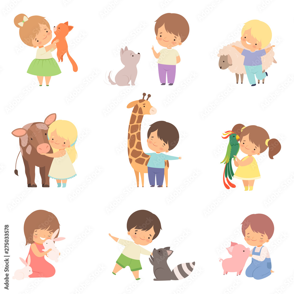 Cute Little Children Playing with Playing and Hugging Animals, Kid Interacting with Animal in Contact Zoo Cartoon Vector Illustration Cute Little Children Playing with Playing and Hugging Animals, Kid Interacting with Animal in Contact Zoo Cartoon Vector Illustration