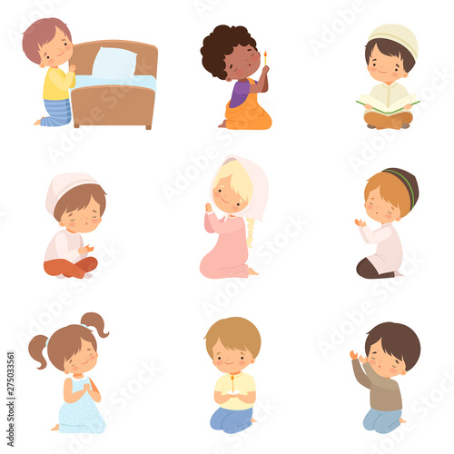 Cute Little Kids Characters Kneeling in Prayer Set Cartoon Vector Illustration