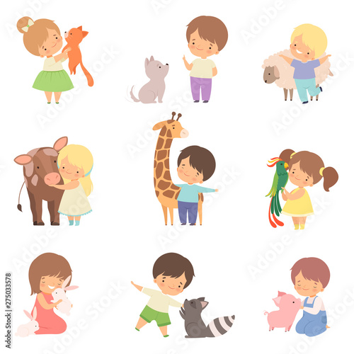 Cute Little Children Playing with Playing and Hugging Animals, Kid Interacting with Animal in Contact Zoo Cartoon Vector Illustration