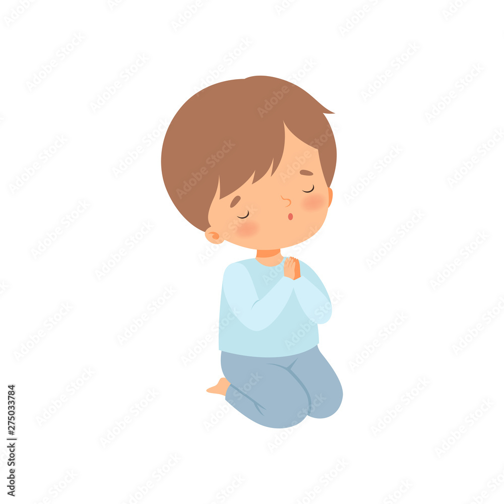 Sweet Little Boy Kneeling and Praying Cartoon Vector Illustration