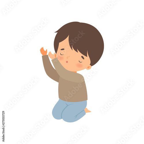 Little Boy Kneeling and Praying Cartoon Vector Illustration