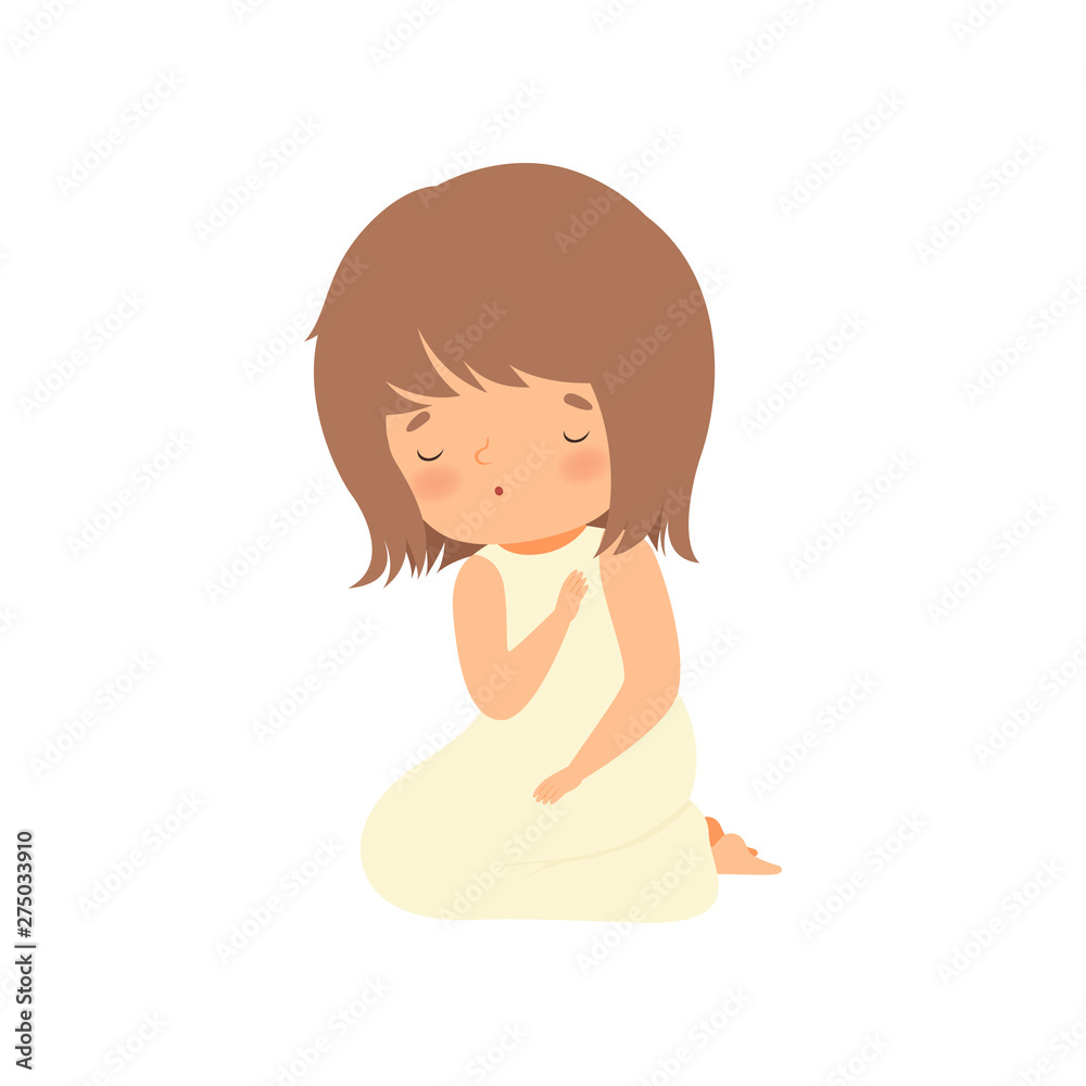 Adorable Little Girl Character Praying Standing on Her Knees Cartoon Vector Illustration Adorable Little Girl Character Praying Standing on Her Knees Cartoon Vector Illustration