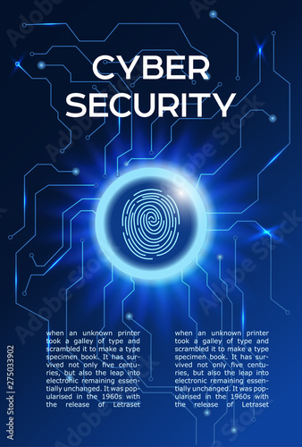 Cyber security concept poster. Fingerprint scanning in a glowing circle. information privacy idea or yber data security. Abstract technology background. vector illustration.