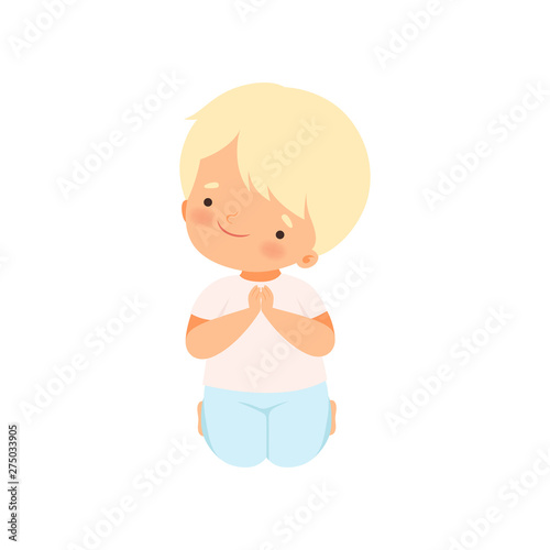 Sweet Little Boy Character Praying Standing on His Knees Cartoon Vector Illustration