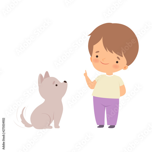 Cute Boy Playing with Puppy, Kid Interacting with Animal in Contact Zoo Cartoon Vector Illustration