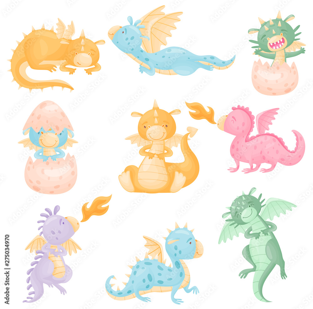 Obraz premium Set of cute dragons. Vector illustration on white background.