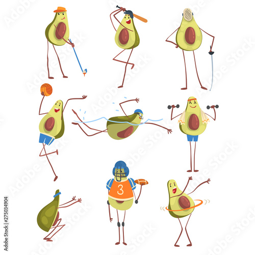 Avocado Cartoon Character Doing Sports Set, Funny Exotic Fruit Athlete Playing Volleyball, American Football, Baseball, Golf, Exercising with Dumbbell, Hoola Hoop Vector Illustration