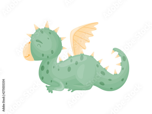 Cartoon cute green dragon is sleeping. Vector illustration on white background.