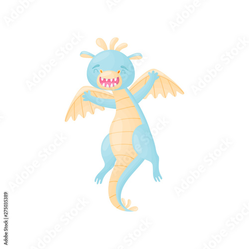 Cartoon blue dragon bounces. Vector illustration on white background.