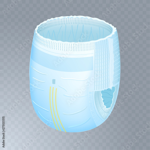 Baby absorbent diaper pants on transparent background. Realistic vector illustration for diapers packs, and other babies production.