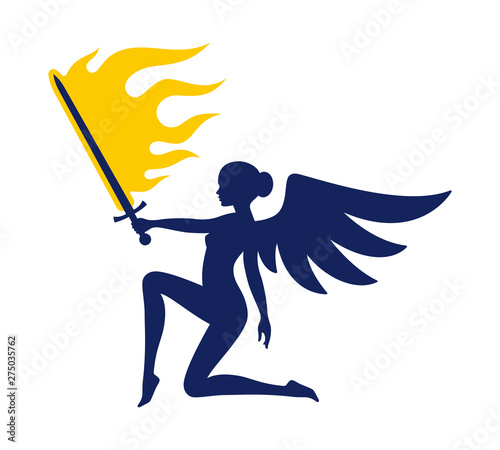 Vector blue silhouette cute kneeling woman with Angel's wings and burning sword. Isolated on white background