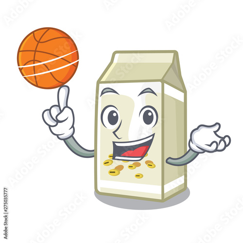 With basketball soy milk in a cartoon box