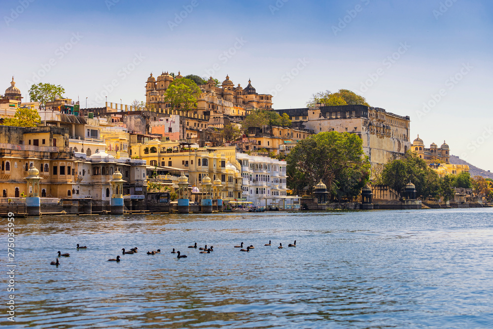 A view of Udaipur city palace from lake Pichola.