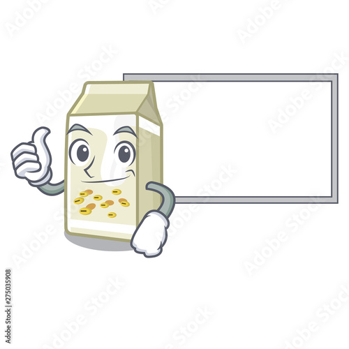 Thumbs up with board soy milk in a cartoon box