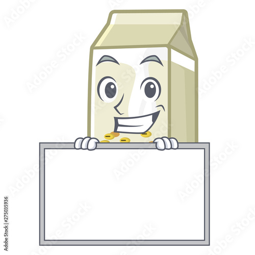 Grinning with board soy milk in a cartoon box