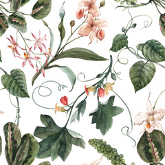 Wandcirkels Orchidee patronen Tropisch aquarelpatroon met bladeren  © Zenina-Lembrik
