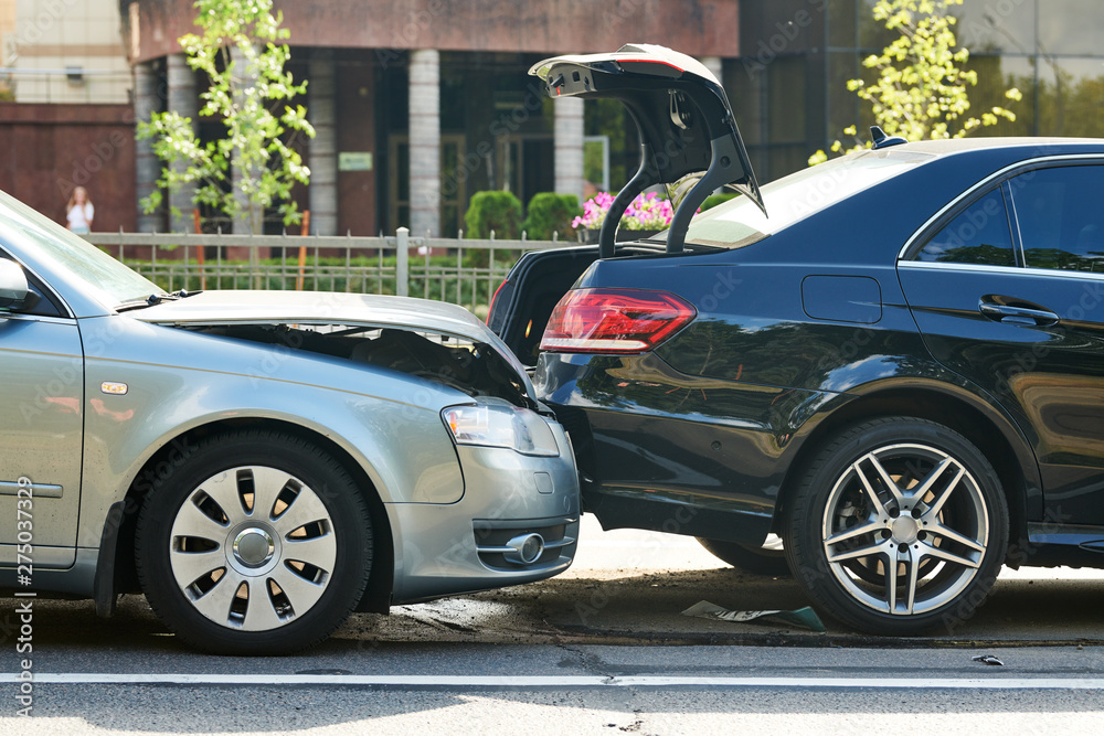 car crash accident on street. damaged automobiles