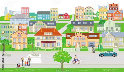 Kleinstadt mit Straßenverkehr und Fußgänger 