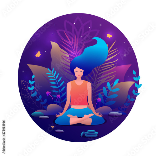 Woman sitting in lotus position practicing meditation. Yoga girl vector trendy illustration.