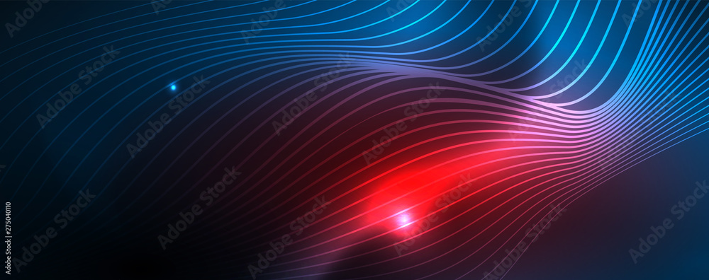 Smooth wave lines on blue neon color light background. Glowing abstract wave on dark, shiny motion, magic space light