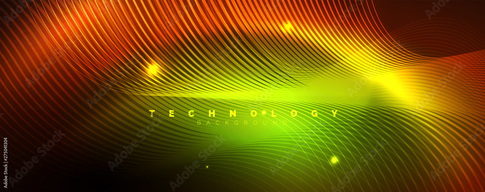 Bright neon circles and wave lines, glowing shiny background design template, digital techno concept. Bright neon circles and wave lines, glowing shiny background design template, digital techno concept.