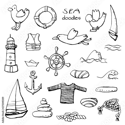 Collection of sea marine ink doodles on white backdrop. Stock set. Cute marine icons. Can be used for printed materials. Vacation holiday background. Hand drawn design elements. Festive card.