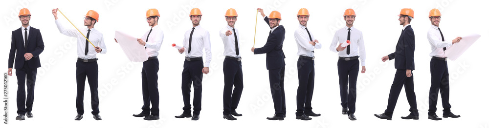 panoramic photo collage of confident architect isolated on white panoramic photo collage of confident architect isolated on white