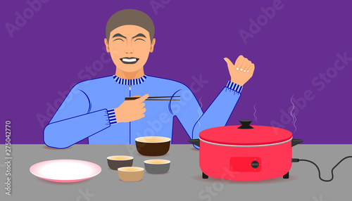 free space on the chalice  dish and electric pan for your food promotion. a man happy while eating meal recommended and acting give a like on left hand and right holding the chopsticks. vector