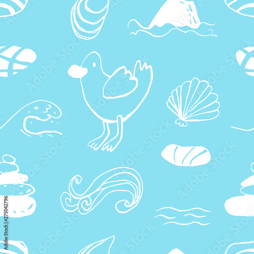 Collection of sea marine ink doodles on blue backdrop. Seamless pattern. Endless texture. Can be used for printed materials. Vacation holiday background. Hand drawn design elements. Festive print.