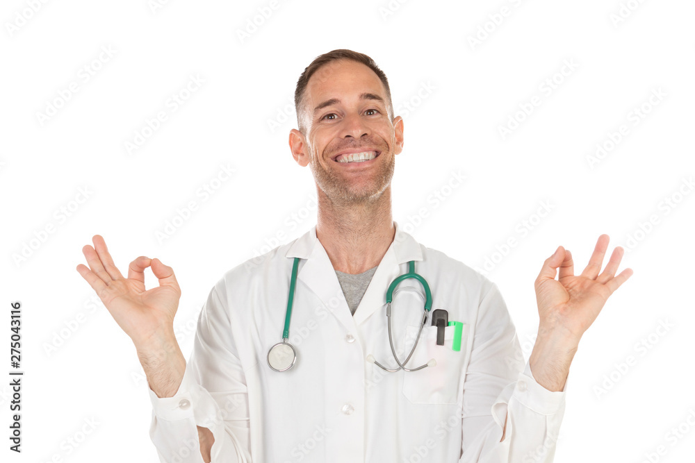 Young doctor practicing relaxation techniques to reduce stress Young doctor practicing relaxation techniques to reduce stress