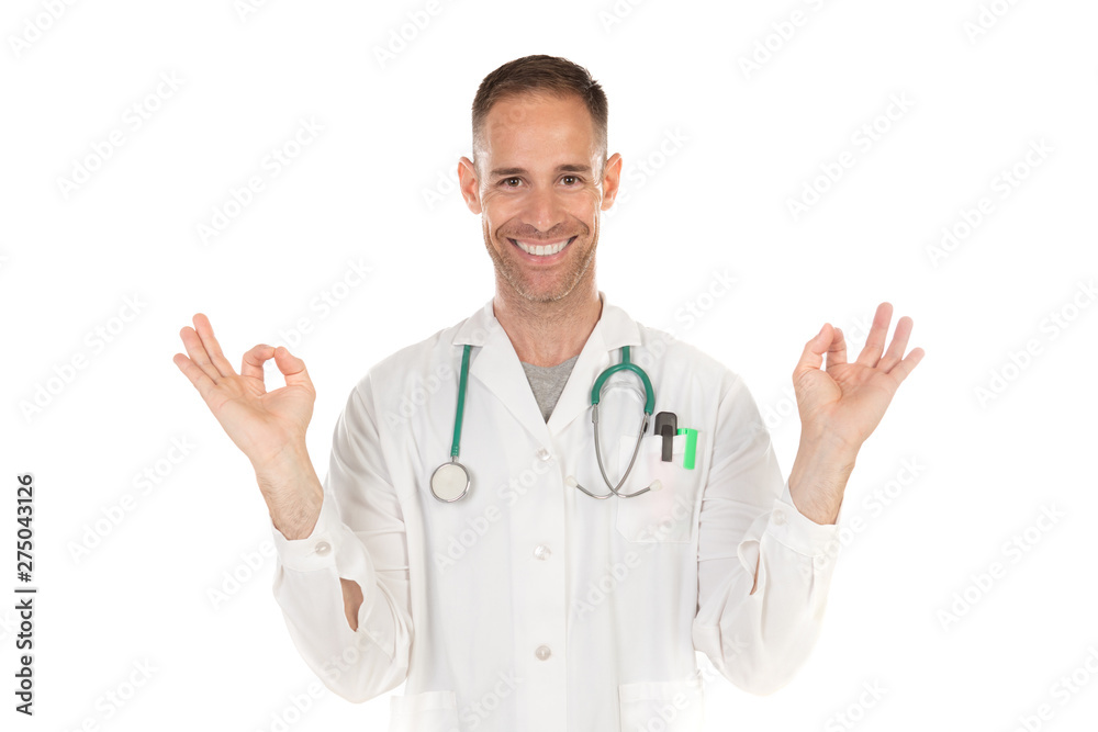 Young doctor practicing relaxation techniques to reduce stress Young doctor practicing relaxation techniques to reduce stress