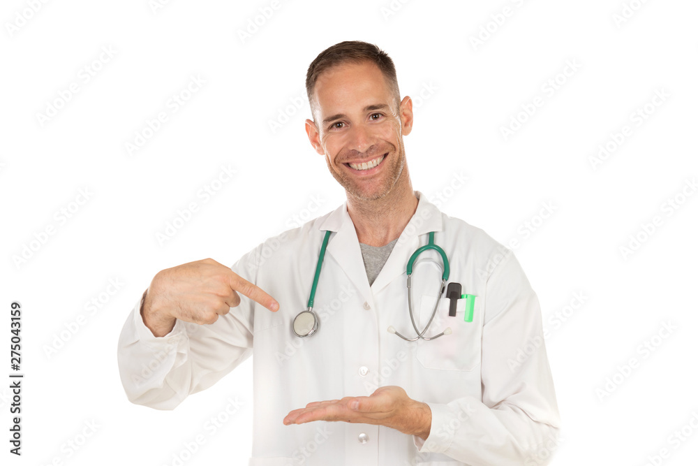 Young doctor pointing something with his finger Young doctor pointing something with his finger