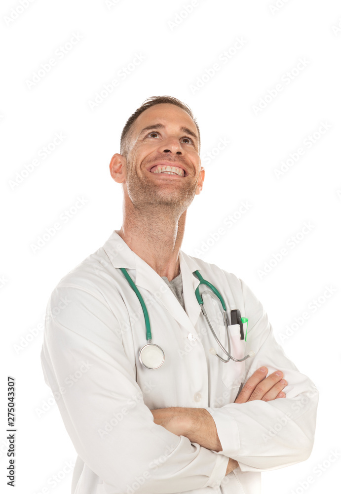 Pensive young doctor wearing a white gown Pensive young doctor wearing a white gown