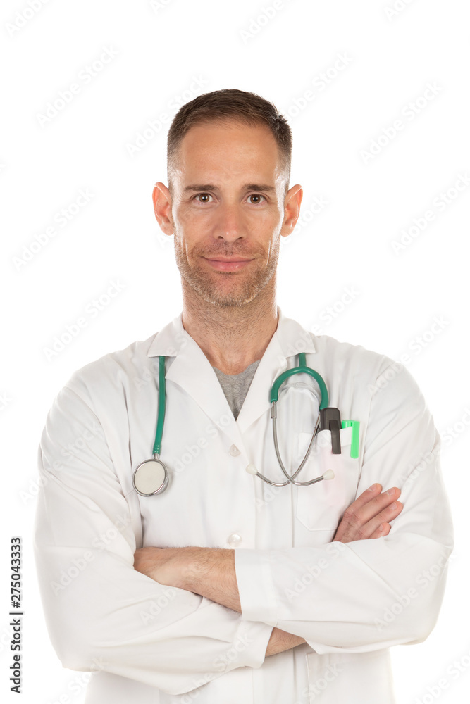 Young doctor wearing a white gown and with a stethoscope Young doctor wearing a white gown and with a stethoscope